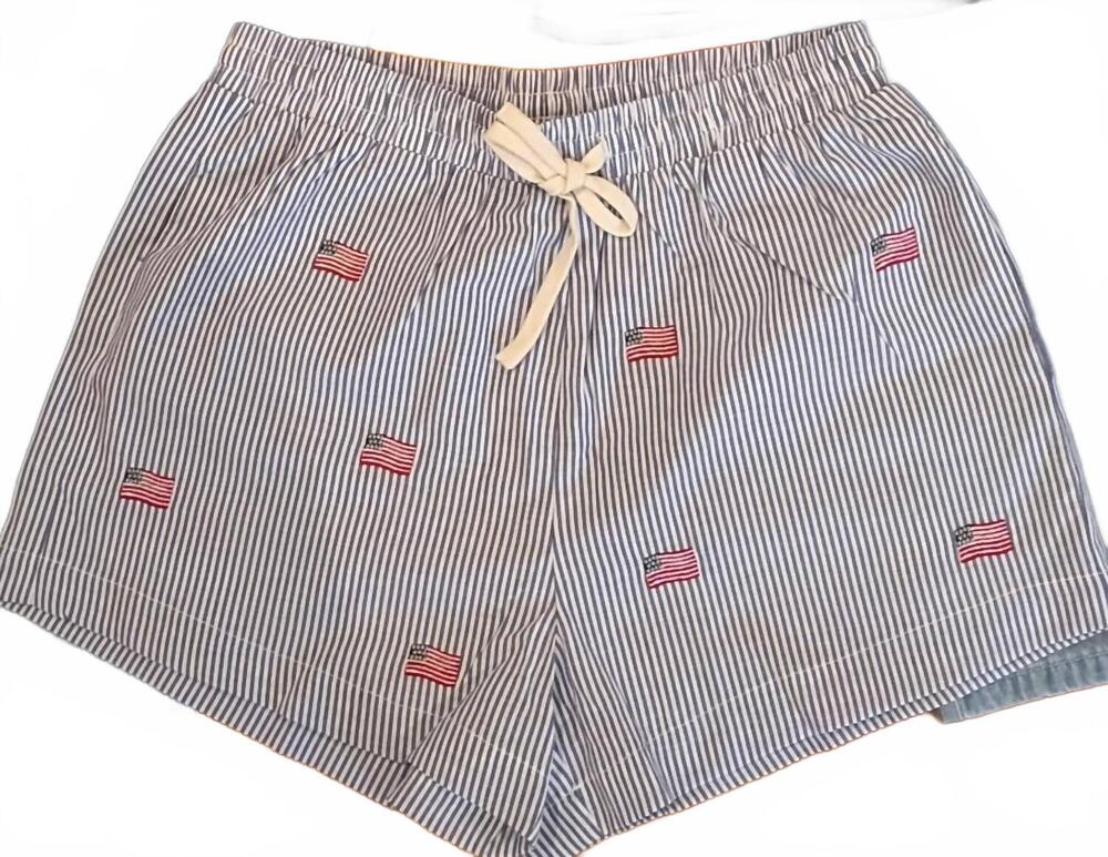 NEW SUNDAY EDITION women's embroidery flag shorts in navy-white stripe